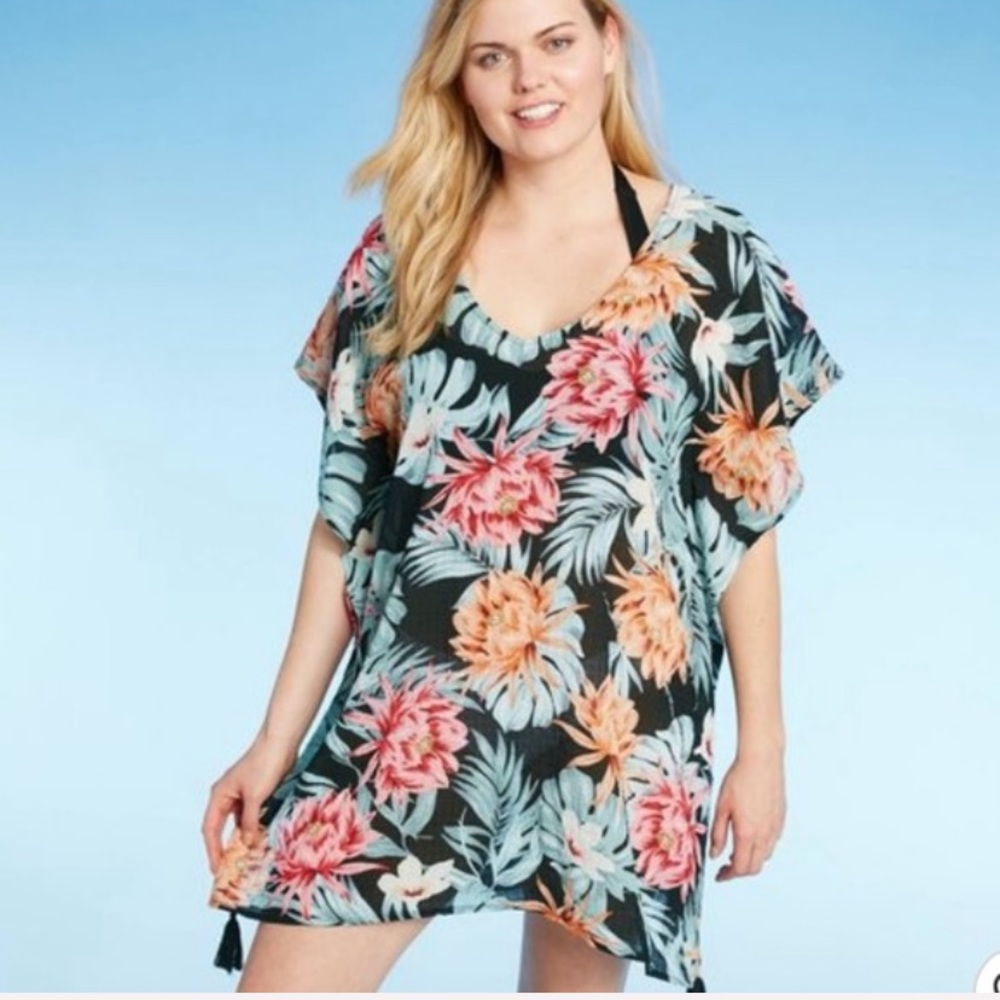 Kona Sol NWT Lattice Black Floral Back Crisscross Cover-Up Dress Size Me…